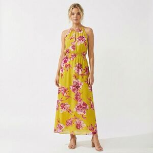 Great Jones Floral Neck Tie Maxi Dress Small Yellow Pink Semi Formal Wedding